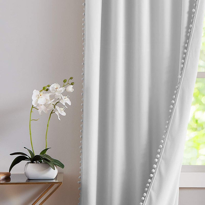 Treatmentex Pompom Grey Velvet Curtains for Bedroom Windows 84" Long Decorative Room Darkening Curtains for Living Room Light Grey 42" w x 2Panels - Image 4